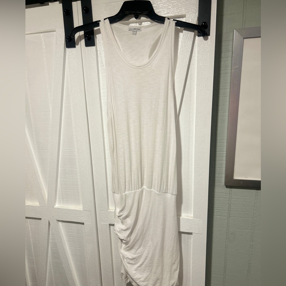 James Perse White Sleeveless Racerback Ruched Dress Size L ( 3)
